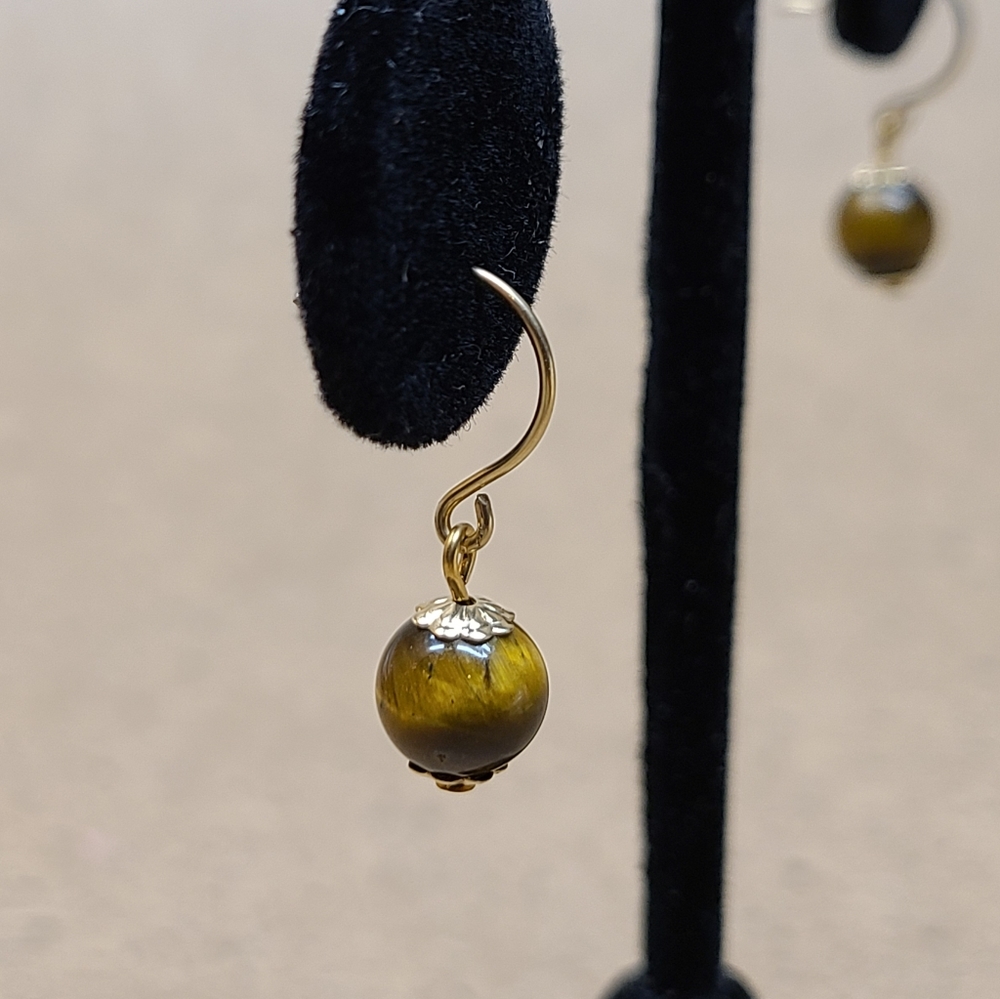 Tiger's Eyes round stone beeds Goldfield Earrings 1"